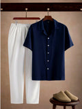 Conjunto Masculino Crinkle | Camisa Navy + Calça Branca | Old Money