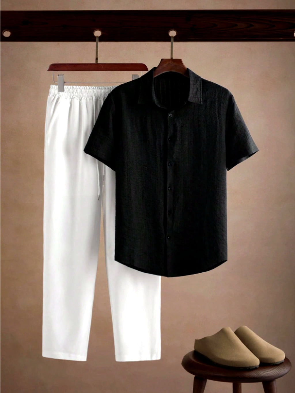Conjunto Masculino Crinkle | Camisa Preta + Calça Branca | Old Money