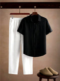 Conjunto Masculino Crinkle | Camisa Preta + Calça Branca | Old Money