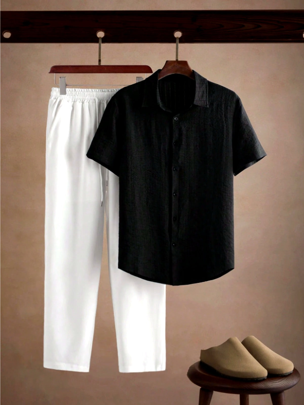 Conjunto Masculino Crinkle | Camisa Preta + Calça Branca | Old Money