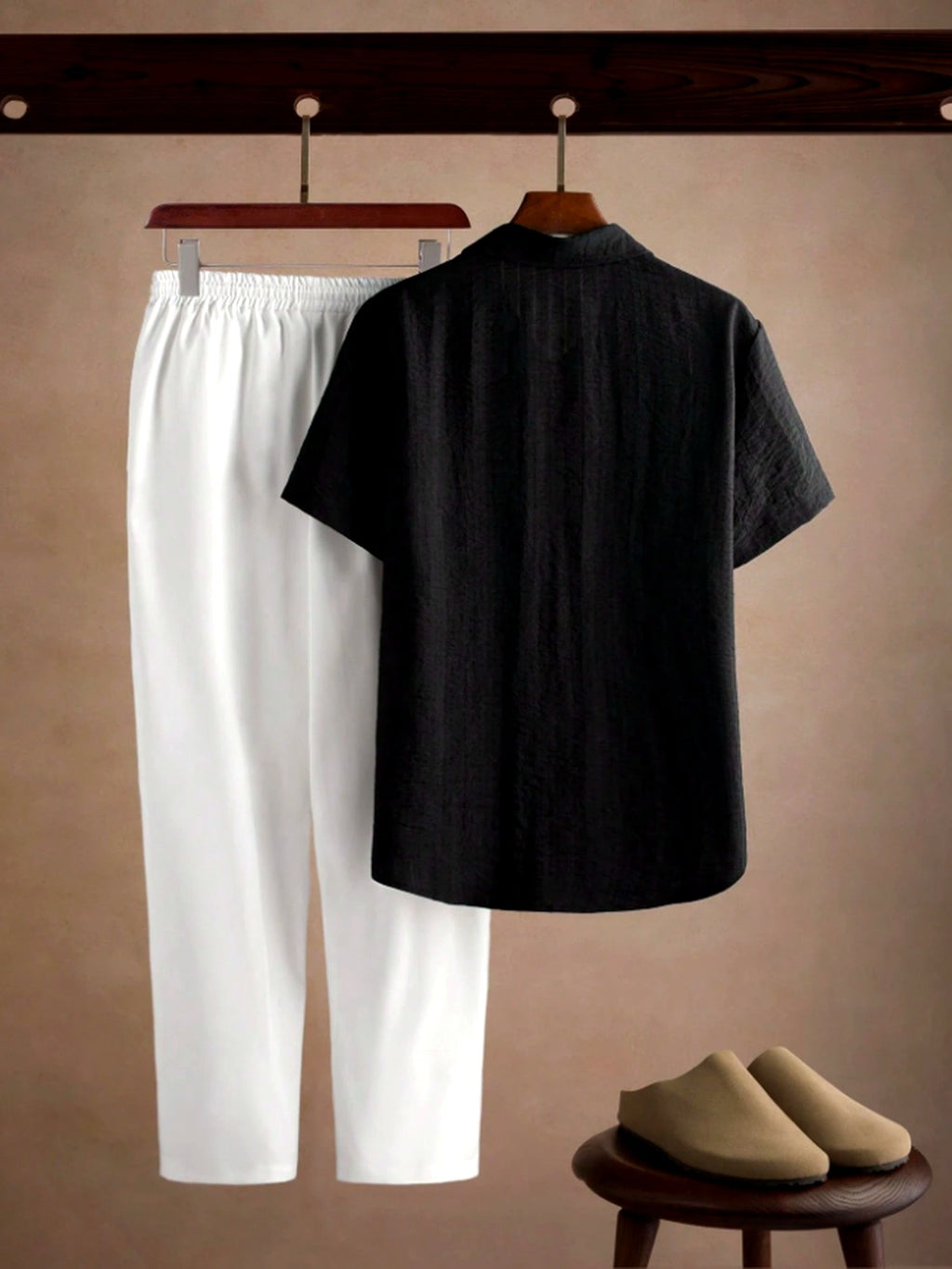 Conjunto Masculino Crinkle | Camisa Preta + Calça Branca | Old Money