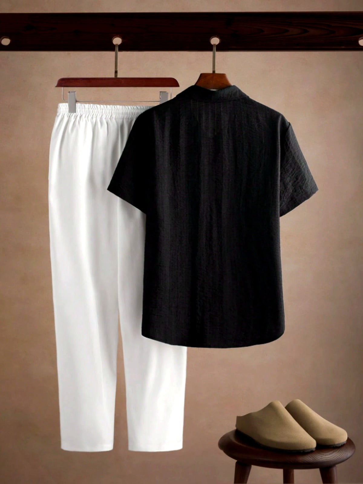Conjunto Masculino Crinkle | Camisa Preta + Calça Branca | Old Money