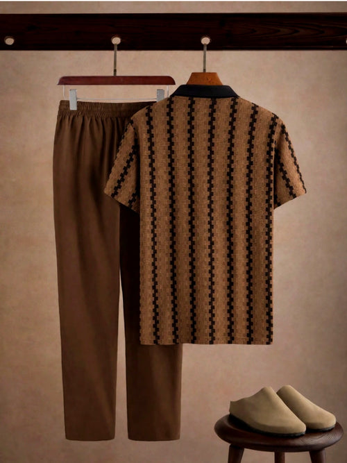 Conjunto Masculino Polo Texturizado | Colarinho Contrastante + Calça | Old Money