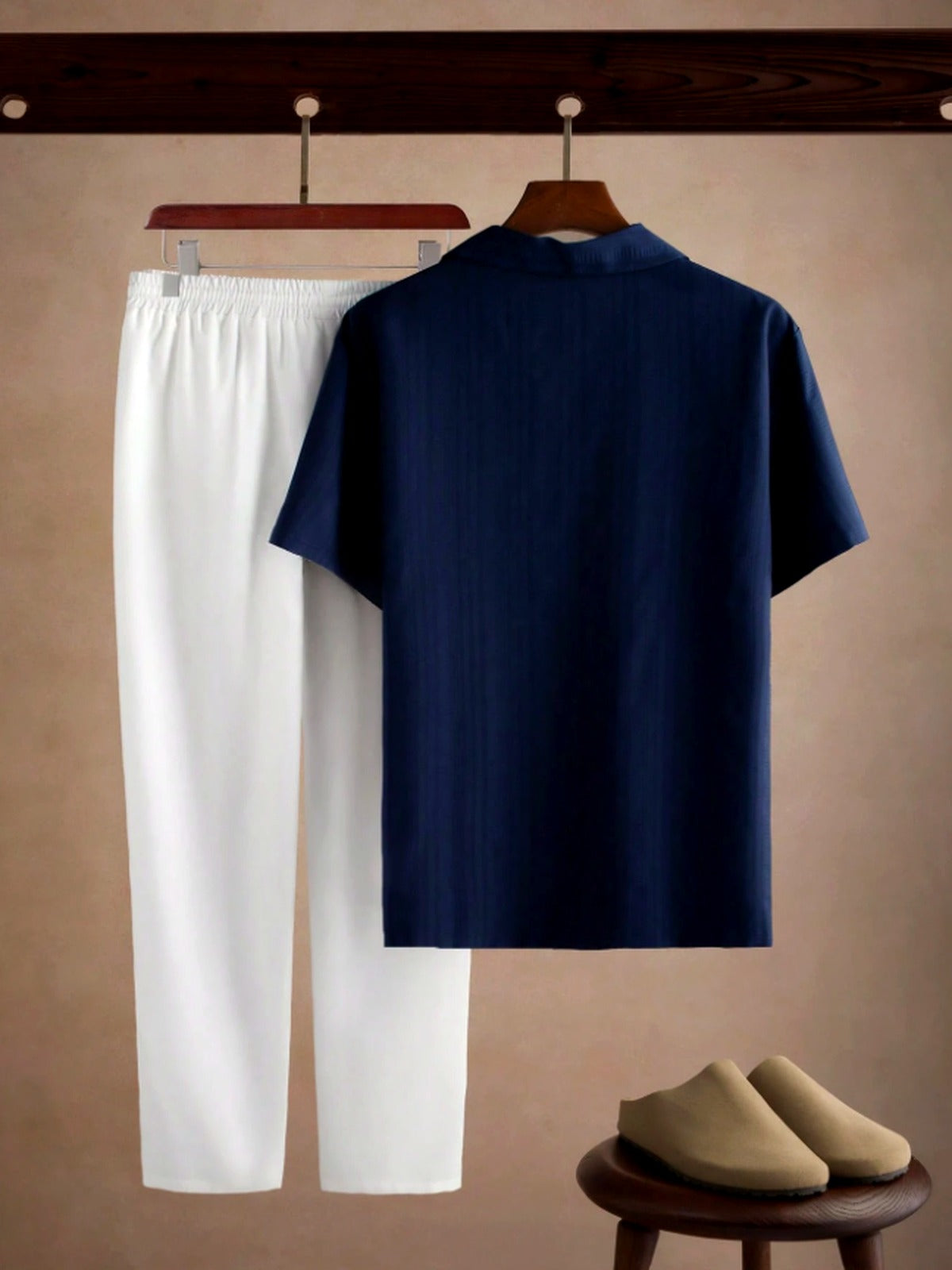 Conjunto Masculino Crinkle | Camisa Navy + Calça Branca | Old Money