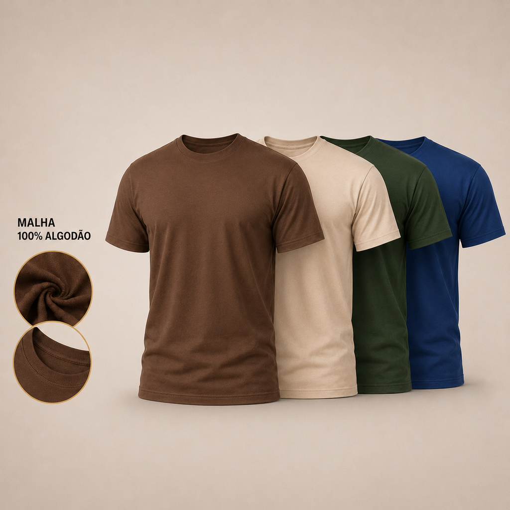 Kit 4 Camisetas Premium | 100% Algodão Masculina