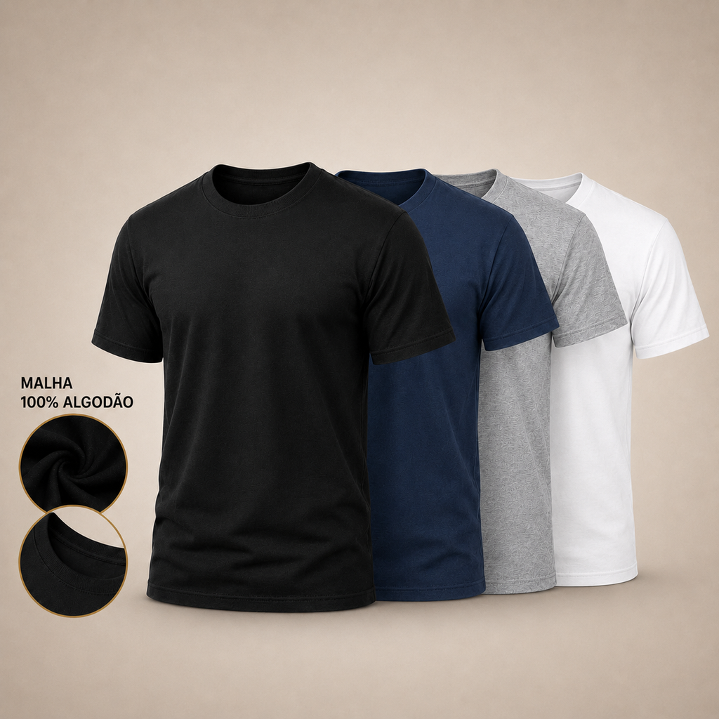 Kit 4 Camisetas Premium | 100% Algodão Masculina
