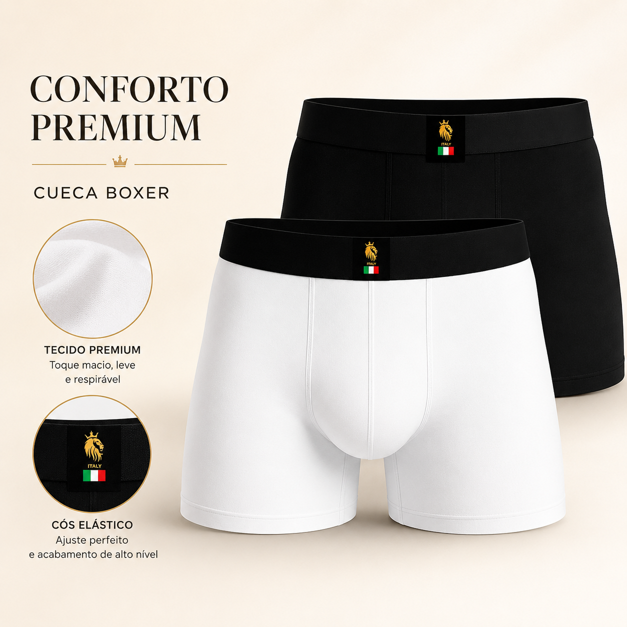 Cueca boxer masculina branca e preta, vista frontal do kit