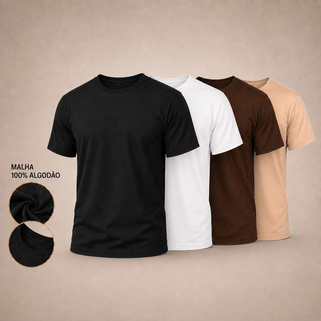 Kit 4 Camisetas Premium | 100% Algodão Masculina